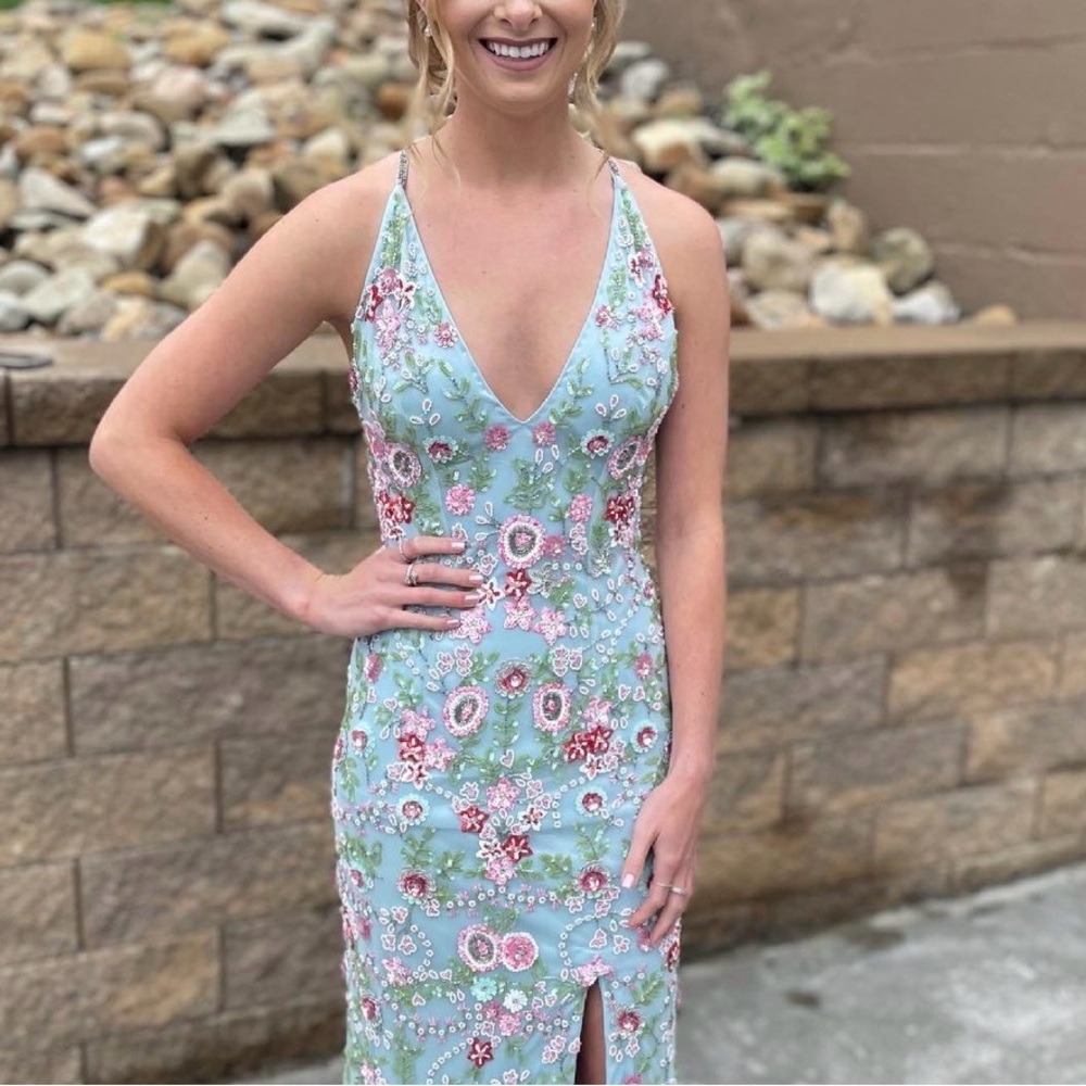 Primavera Couture Blue Floral Backless Dress